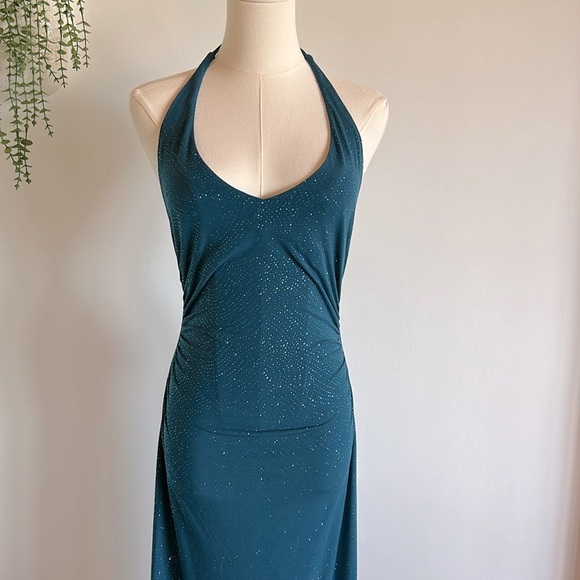 Vintage 90s Y2K Prom Elegant Sparkly Teal Halter Long Maxi Dress / Women’s Sz M - Picture 3 of 8